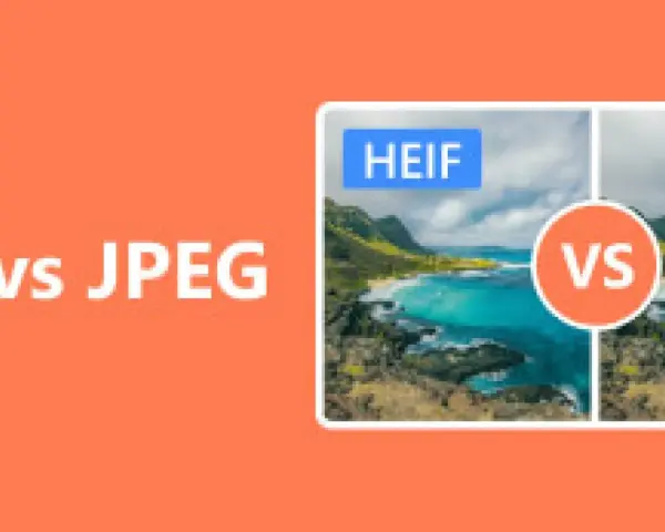 Porównanie formatów HEIF i JPEG. Obraz przedstawia krajobraz z turkusową wodą i zielonymi wzgórzami, z etykietą HEIF.