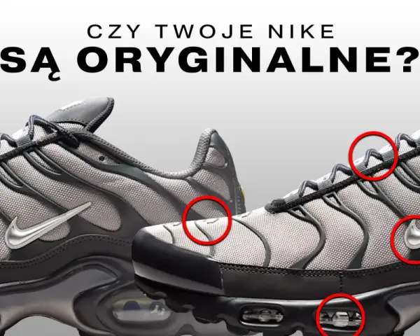 Szare buty sportowe Nike z czerwonymi kółkami wskazującymi detale.