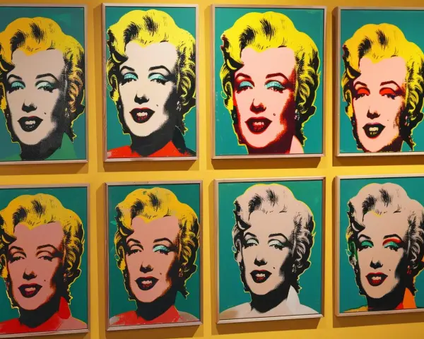 Osiem portretów Marilyn Monroe w stylu pop art Andy'ego Warhola, z różnymi kolorami tła i makijażu.