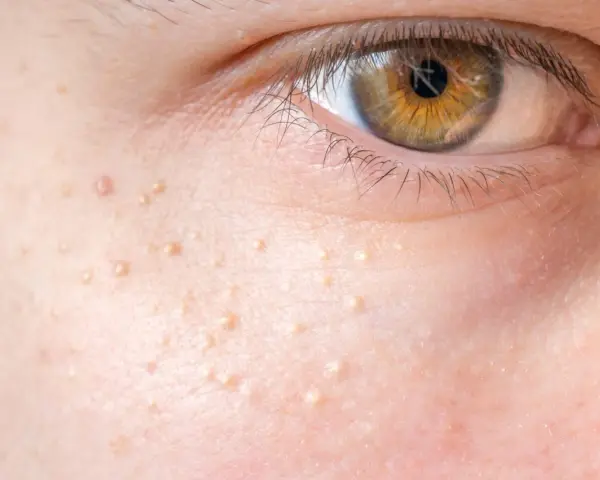 Nahaufnahme der Haut mit kleinen, hellen Erhebungen, die nicht komedogen sind. Das Auge ist im Hintergrund zu sehen.