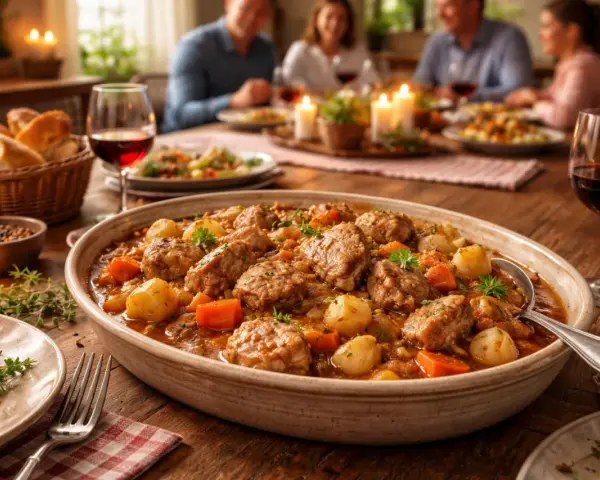 Un plat de ragout de porc mijoté avec des pommes de terre et des carottes, servi dans un plat ovale sur une table en bois, avec des convives en arrière-plan.