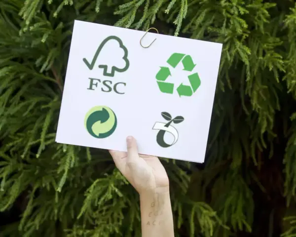 Dłoń trzyma kartkę z symbolami: FSC, recyklingu, zielonej kropki i kiełkującej rośliny. To symbol ekologii.