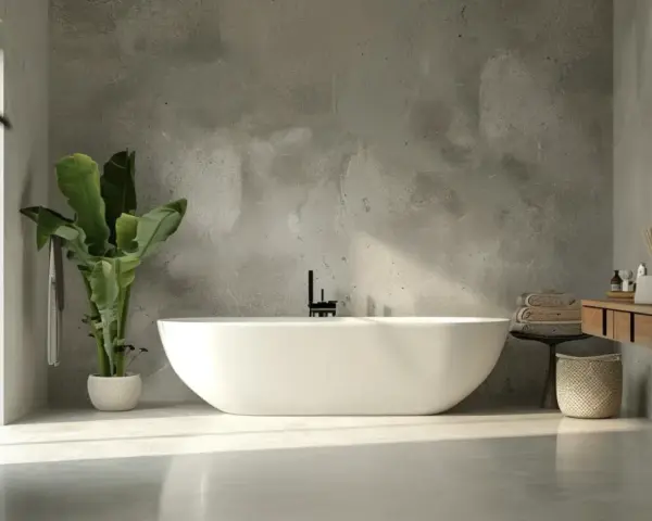 Bagni in resina idee: vasca freestanding bianca, piante verdi, lavabo in pietra e finiture in cemento per un look moderno e rilassante.