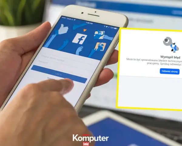 Facebook awaria dzisiaj. Na ekranie telefonu komunikat o błędzie technicznym.