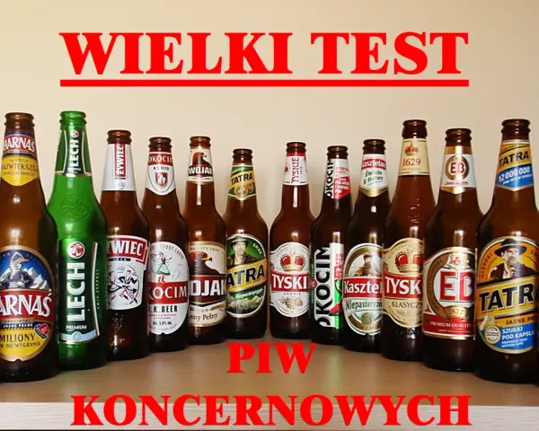 Rząd butelek piwa różnych marek, w tym Żubr, Lech, Tyskie, Tatra, Warka.