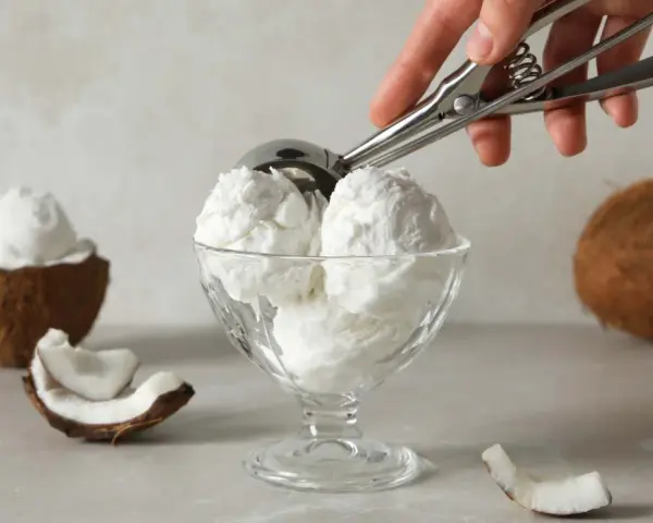 Copa de cremoso helado de coco, con trozos de coco fresco alrededor. ¡Un postre tropical!