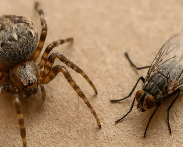 Eine Spinne und eine Fliege auf braunem Untergrund. Viele Leute denken, dass spinnen insekten sind, aber das stimmt nicht.