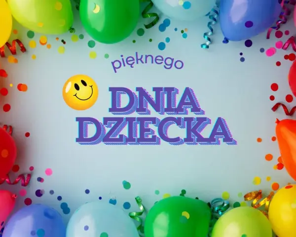 Kolorowe balony i konfetti tworzą radosną oprawę dla śmiesznych życzeń na Dzień Dziecka. Uśmiechnięta buźka i napis "Pięknego Dnia Dziecka" zapraszają do zabawy.