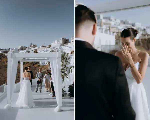 Wzruszona panna młoda podczas szybkiego ślubu cywilnego na Santorini. W tle białe domy i błękitne niebo.