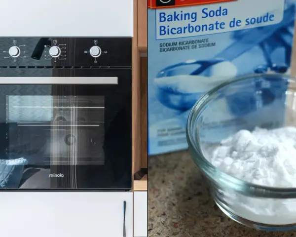 Nowy piekarnik czeka na czyszczenie. Soda oczyszczona w miseczce i opakowanie obok sugerują ekologiczne metody.