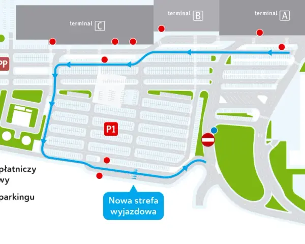 Schemat parkingu lotnisko w Katowicach. Wskazuje drogę do terminali A, B, C, parking P1 i punkty obsługi.
