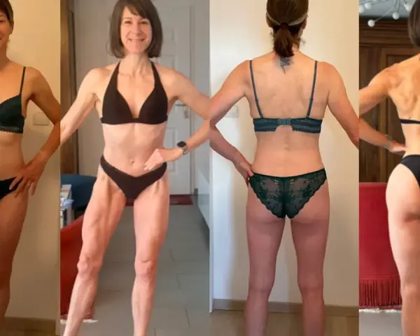 Femme musclée, 50 ans, en lingerie. Elle montre sa silhouette athlétique sous différents angles, fière de ses progrès.