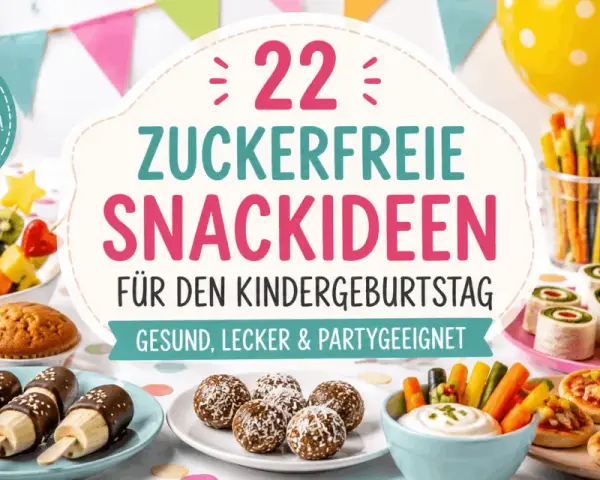 Bunte Deko, Luftballons und leckere, zuckerfreie Snackideen für den Kindergeburtstag: Obstspieße, Muffins, Bananen-Pops und Gemüsesticks mit Dip.