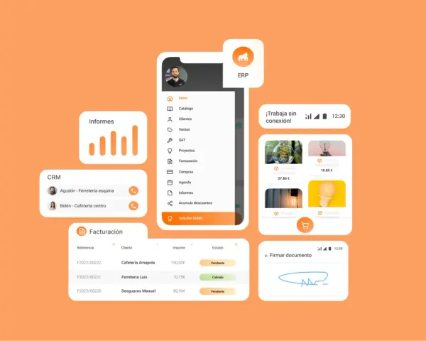 Interfaz de un programa para hacer presupuestos y facturas gratis, con módulos de informes, CRM y facturación.
