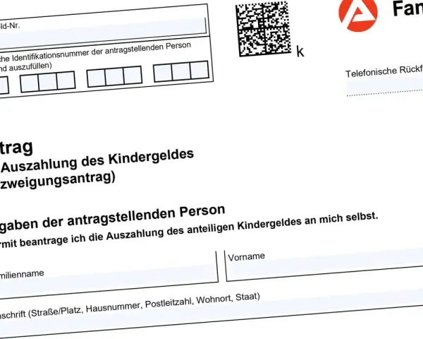 Antrag auf Auszahlung des Kindergeldes. Formular für den Abzweigungsantrag, relevant für den kinderfreibetrag 0, 5 oder 1.