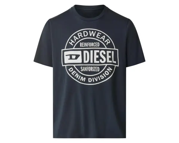 Granatowy T-shirt męski Diesel z białym okrągłym nadrukiem "HARDWEAR REINFORCED DIESEL SANFORIZED DENIM DIVISION".