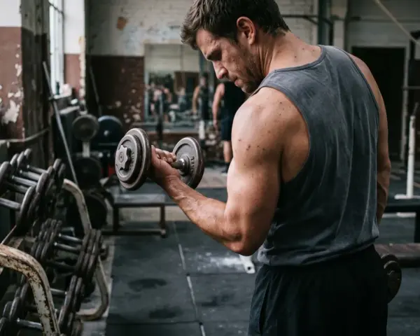 Homme concentré faisant un exercice biceps haltère dans une salle de sport rustique.