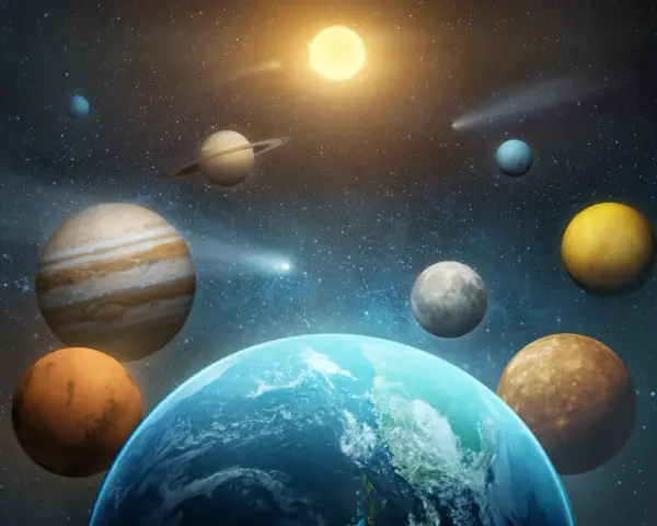 Jowisz w raku, otoczony innymi planetami i kometami, na tle gwieździstego nieba.