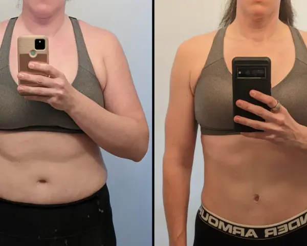 Before and after transformation: a person's body before and after using a stationary bike for fitness.