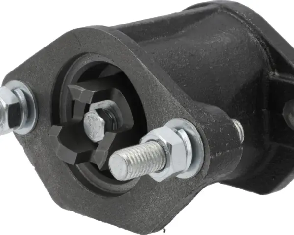 Czarne, metalowe mocowanie z ząbkowanym mechanizmem i śrubami, idealne jako adapter wom.