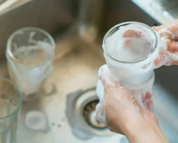 Händer tvättar ett glas med skum. Kanske med hjälp av Aquapel för en renare diskning.