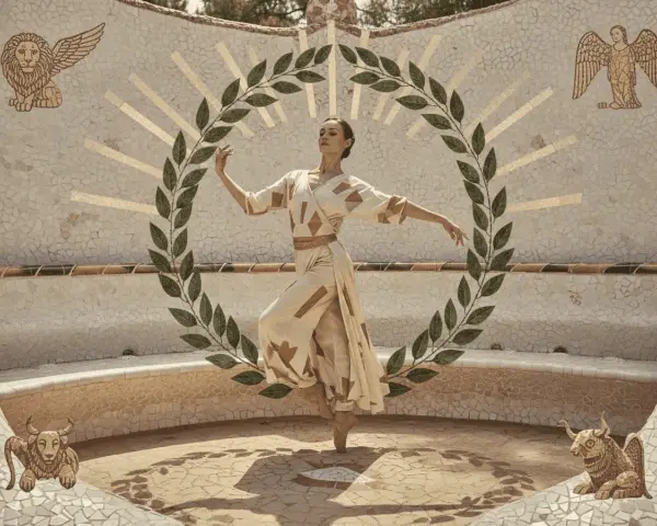 Danza de templanza y juicio, como en el tarot. Una bailarina en un círculo de laurel, rodeada de símbolos celestiales y animales.