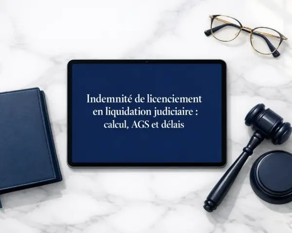Tablette affichant "Indemnité de licenciement en liquidation judiciaire : calcul, AGS et délais", à côté d'un carnet bleu et d'un maillet de juge.