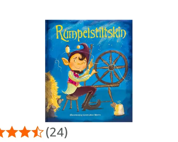 Okładka książki "Rumpelstiltskin" z wesołym skrzatem przędącym na kołowrotku.