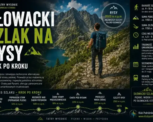 Słowacki szlak na Rysy: przewodnik krok po kroku. Widok na góry, jezioro i turystę. Informacje o trasie, trudności, czasach.
