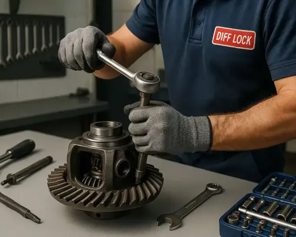 Mechanik w rękawiczkach dokręca śrubę w dyfrze. Na stole narzędzia i skrzynka z nasadkami.