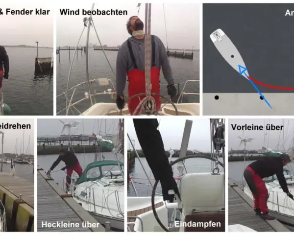 Schritt-für-Schritt-Anleitung zum Boot anlegen: Leinen und Fender vorbereiten, Wind beobachten, Anfahrt planen, Beidrehen, Heckleine und Vorleine übergeben.