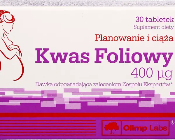 Opakowanie suplementu diety Kwas Foliowy 400 µg, zalecanego do planowania i ciąży. Wskazuje ile kwasu foliowego w ciąży jest potrzebne.