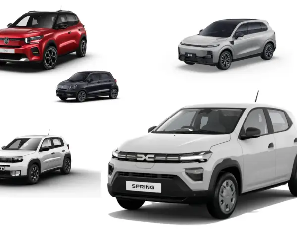 Szukasz najtańszych samochodów elektrycznych? Zobacz te modele: czerwony E-C3, czarny miejski, biały Panda, szary B10 i biały Spring.