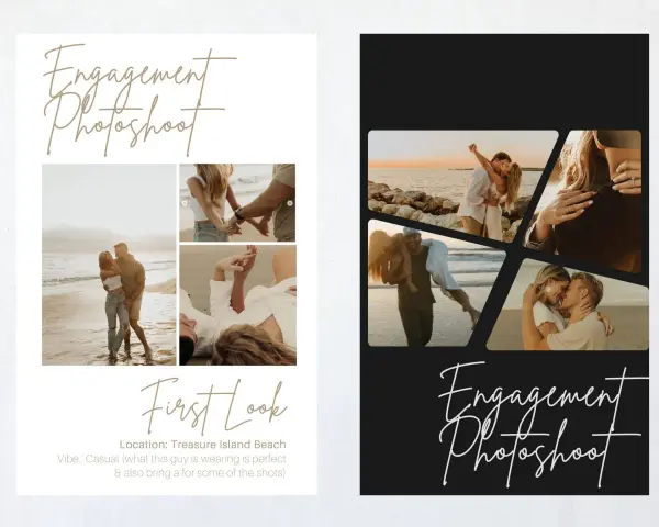 Moodboard z romantycznymi zdjęciami pary na plaży. Ujęcia obejmują pocałunki, trzymanie się za ręce i czułe momenty.
