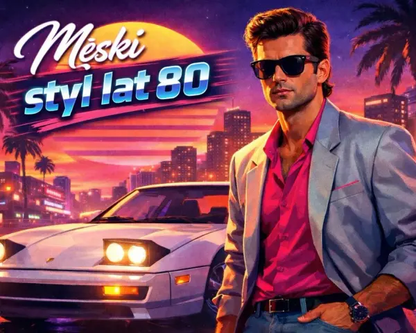 Męski styl lat 80. w neonowym mieście. Mężczyzna w różowej koszuli i marynarce obok sportowego auta.