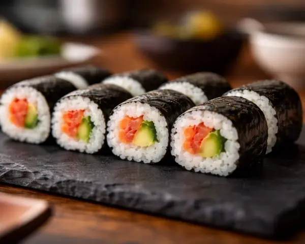Roladki sushi z łososiem i awokado, zawinięte w nori. Zastanawiasz się, którą stroną nori do sushi? Zawsze błyszczącą na zewnątrz!