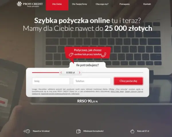 Profi Credit windykacja oferuje szybkie pożyczki online do 25 000 zł. Wypełnij formularz, by otrzymać gotówkę.