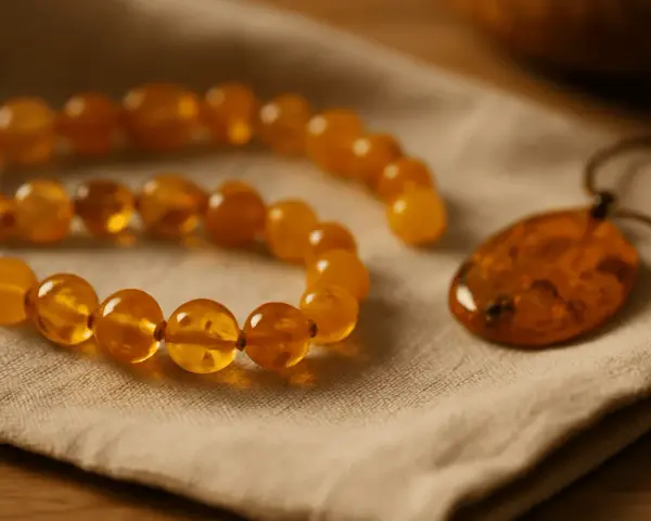 Collar y colgante de ámbar sobre tela. Aprende como limpiar el ámbar para mantener su brillo natural.