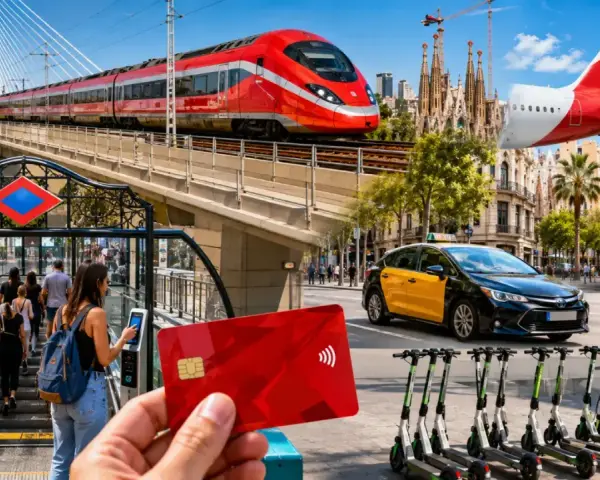 Vielfalt des Reisens in Spanien: Zug, Flugzeug, Taxi, E-Scooter und Metro. Mit einer Kreditkarte alles einfach bezahlen.