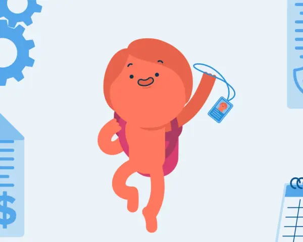 Fröhliche Figur mit Ausweis und Rucksack, bereit für ein freiwilliges Praktikum. Zahnräder, Dokumente und Kalender symbolisieren den Start.