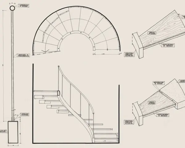 Disegno tecnico di una scala a chiocciola con dettagli su materiali e struttura, utile per la normativa scale interne uso privato.
