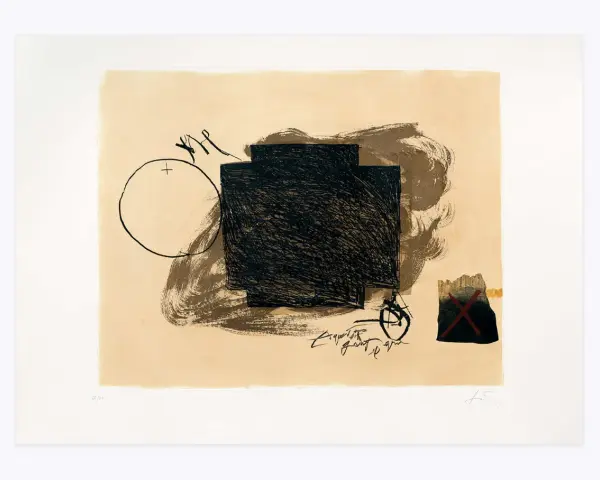 Œuvre d'Antoni Tàpies : un carré noir texturé sur fond beige, un cercle, des traits et une signature.