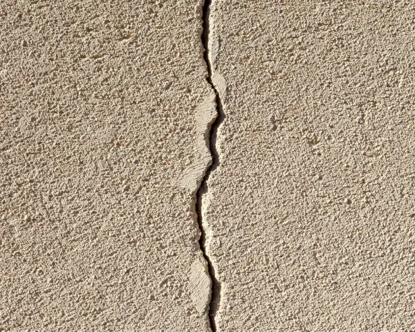 Grosse fissure sur un mur extérieur en crépi. Il faut réparer cette fissure pour éviter qu'elle ne s'aggrave.