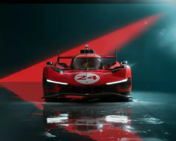 Czerwony samochód wyścigowy Ferrari 499P z numerem 24 na tle czerwonego światła.