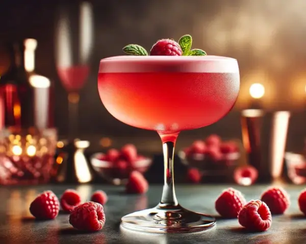 Elegancki Clover Club cocktail, ozdobiony maliną i miętą, otoczony świeżymi malinami.