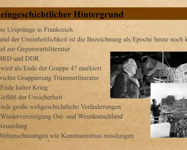 Liste von Stichpunkten zur postmoderne, mit Bildern von Rednern und Menschenmengen, die historische Ereignisse wie die Wiedervereinigung Deutschlands symbolisieren.
