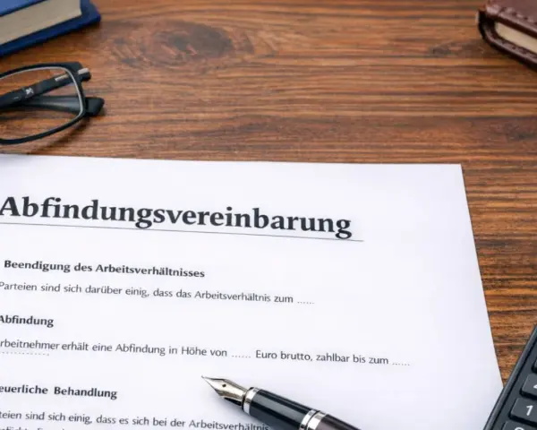 Abfindungsvereinbarung-Muster kostenlos: Dokument mit Klauseln zur Beendigung des Arbeitsverhältnisses und Abfindungshöhe, daneben Brille, Buch und Taschenrechner.