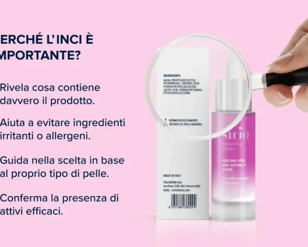 Lente d'ingrandimento su inci prodotti cosmetici, evidenziando la trasparenza degli ingredienti per una scelta consapevole.