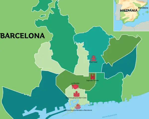 Mapa Barcelony z zaznaczonymi atrakcjami: Park Güell, Sagrada Familia, La Rambla, Dzielnica gotycka Barri Gòtic, promenada. Gdzie jest Barcelona? W Hiszpanii.
