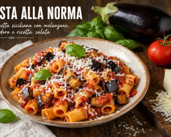 Pyszne danie pasta alla norma z bakłażanem, pomidorami i ricottą salata, posypane startym serem.